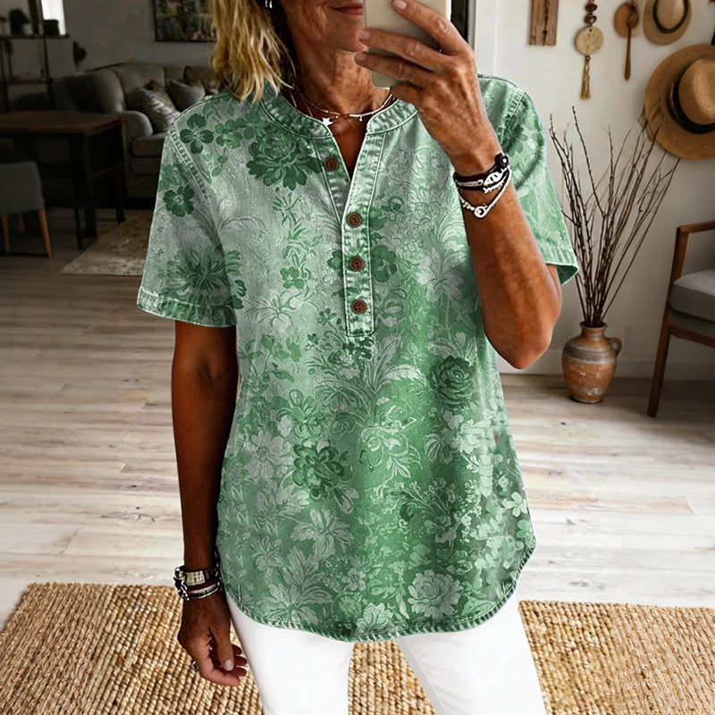 Cardydony Women's Vintage Floral Art Print Casual Short-sleeve Shirt
