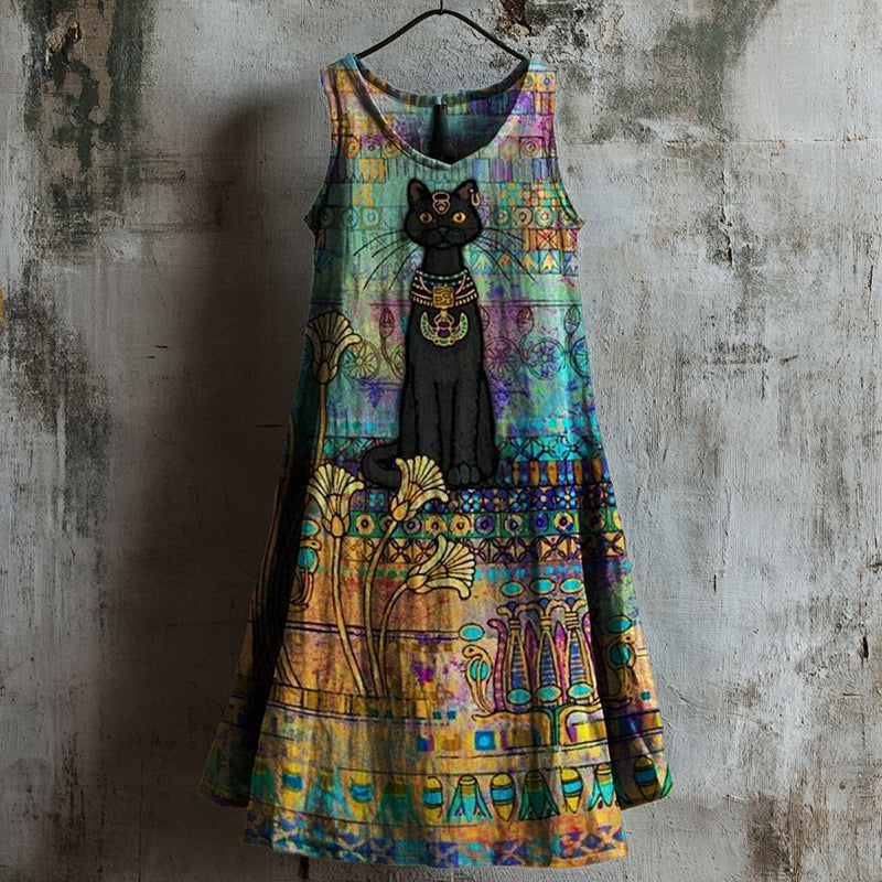 Cardydony Ancient Egyptian Black Cat Art Linen Tank Dress
