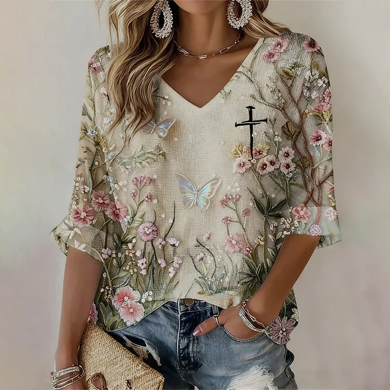 Cardydony Women's Faith Floral Print Waffle Long Sleeve T-shirt
