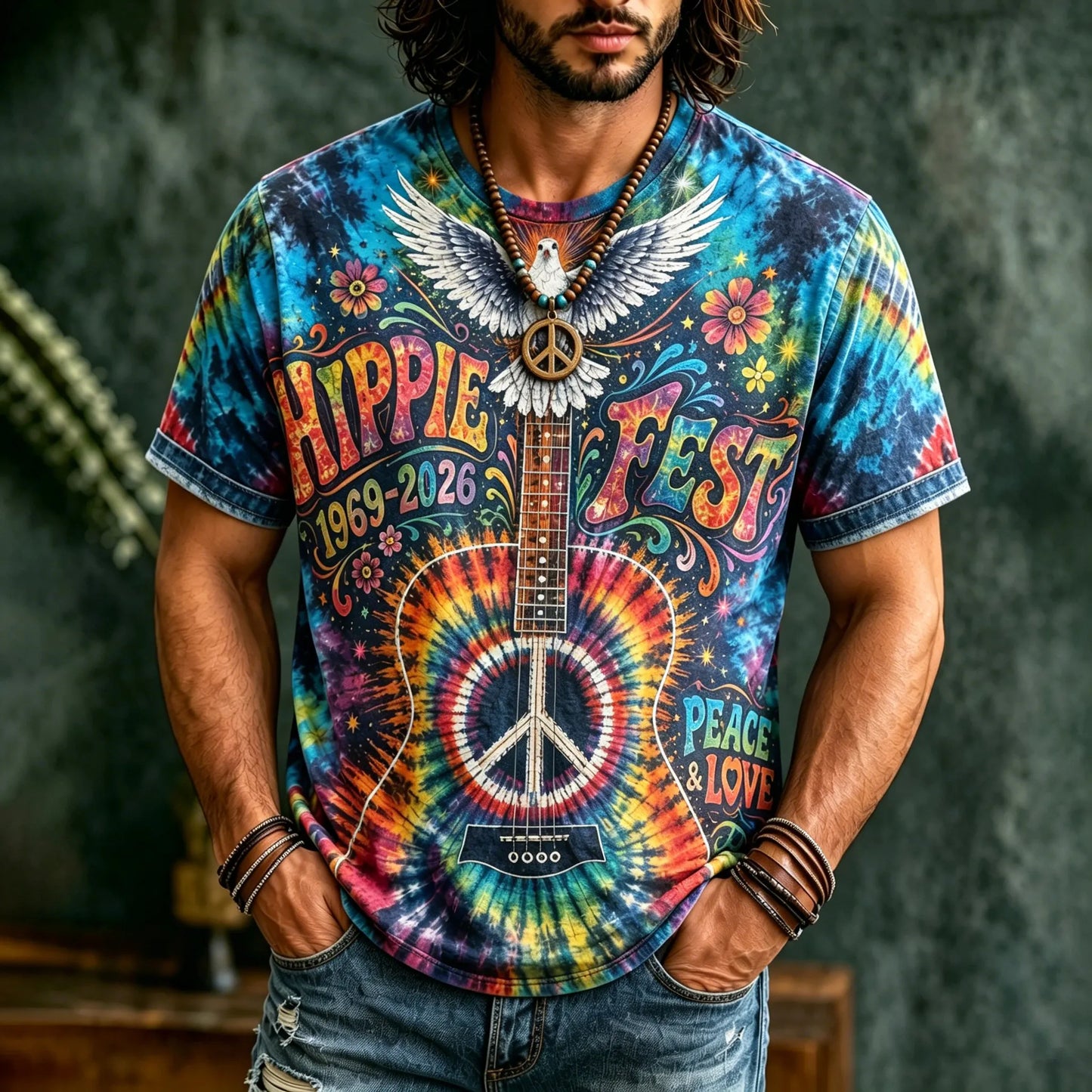 Cardydony Men's Hippie Music Pigeons With Guitar Tie Dye Art Pattern Print T-shirt