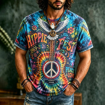 Cardydony Men's Hippie Music Pigeons With Guitar Tie Dye Art Pattern Print T-shirt