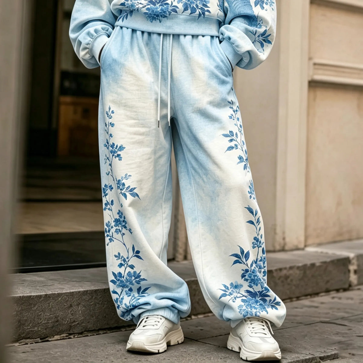 Cardydony Comstylish Women's Vintage Japanese Floral Art Print Hoodie Two Piece Set