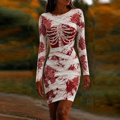 Cardydony Women's Halloween Dark Gothic Skeleton And Bandage Art Crew Neck Long Sleeve Dress