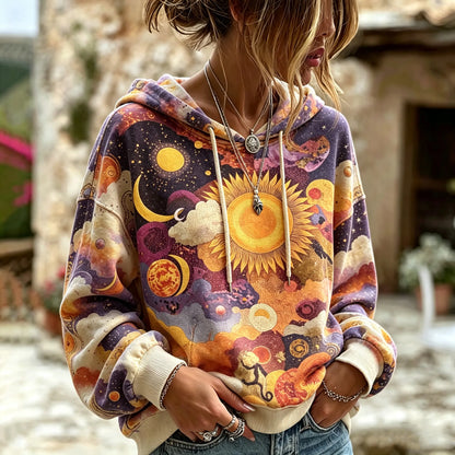 Cardydony Women's Retro Hippie Bohemian Style Starry Sky Sun Moon Starry Night Hoodie