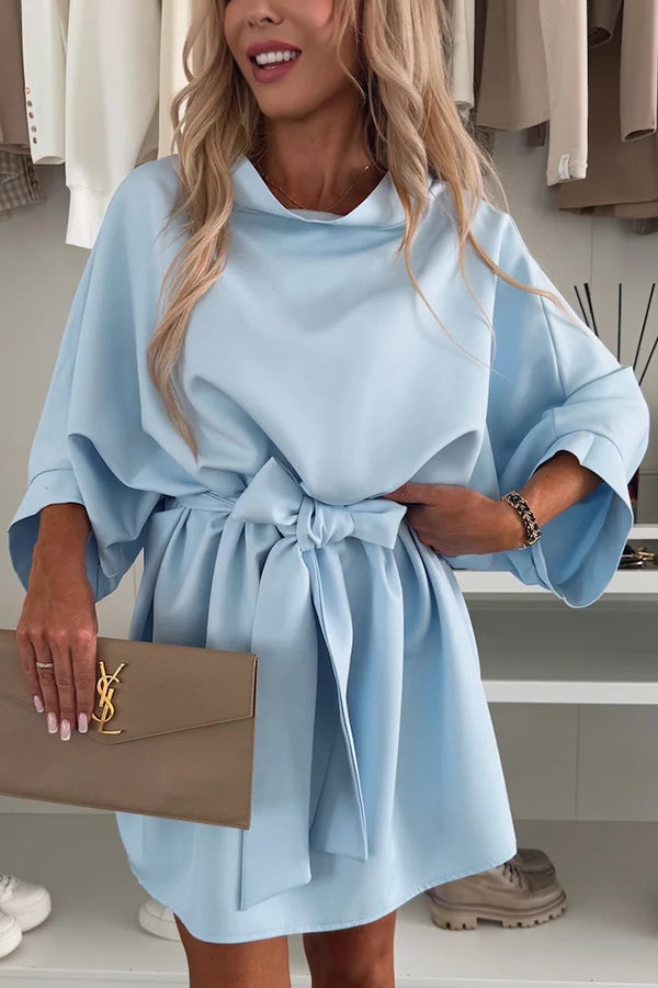 Cardydony Women's Solid Color Loose Round Neck Belted Mini Dress