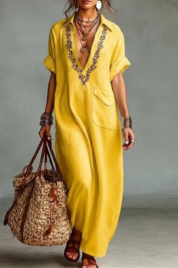 Cardydony Women's  Linen Blend Embroidered V-neck Pocket Casual Loose Maxi Dress