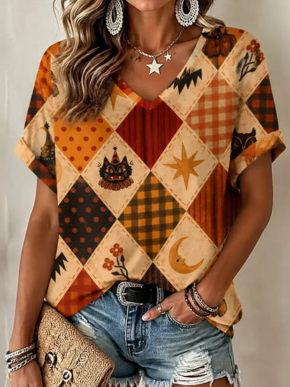 Cardydony Women's Halloween Circus Cat Patchwork Art Print Casual Top