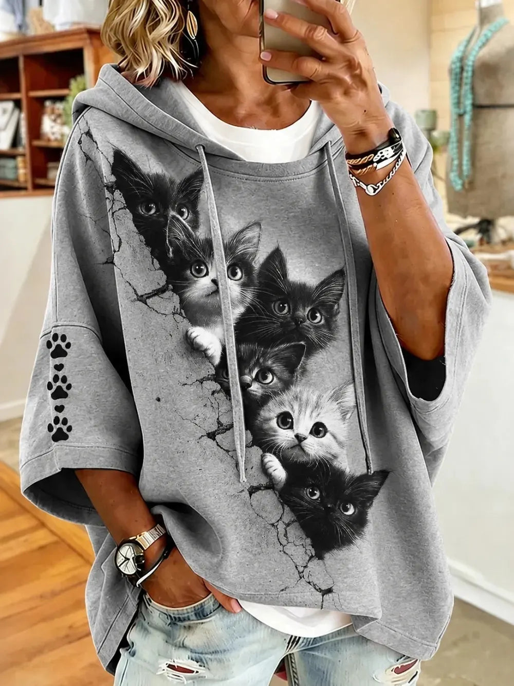 Cardydony Women's Cute Black Cats Print Half-sleeve Hoodie