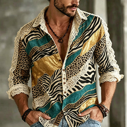 Cardydony Men's Color-blocked Leopard Print Lace Long-sleeved Cotton And Linen Shirt