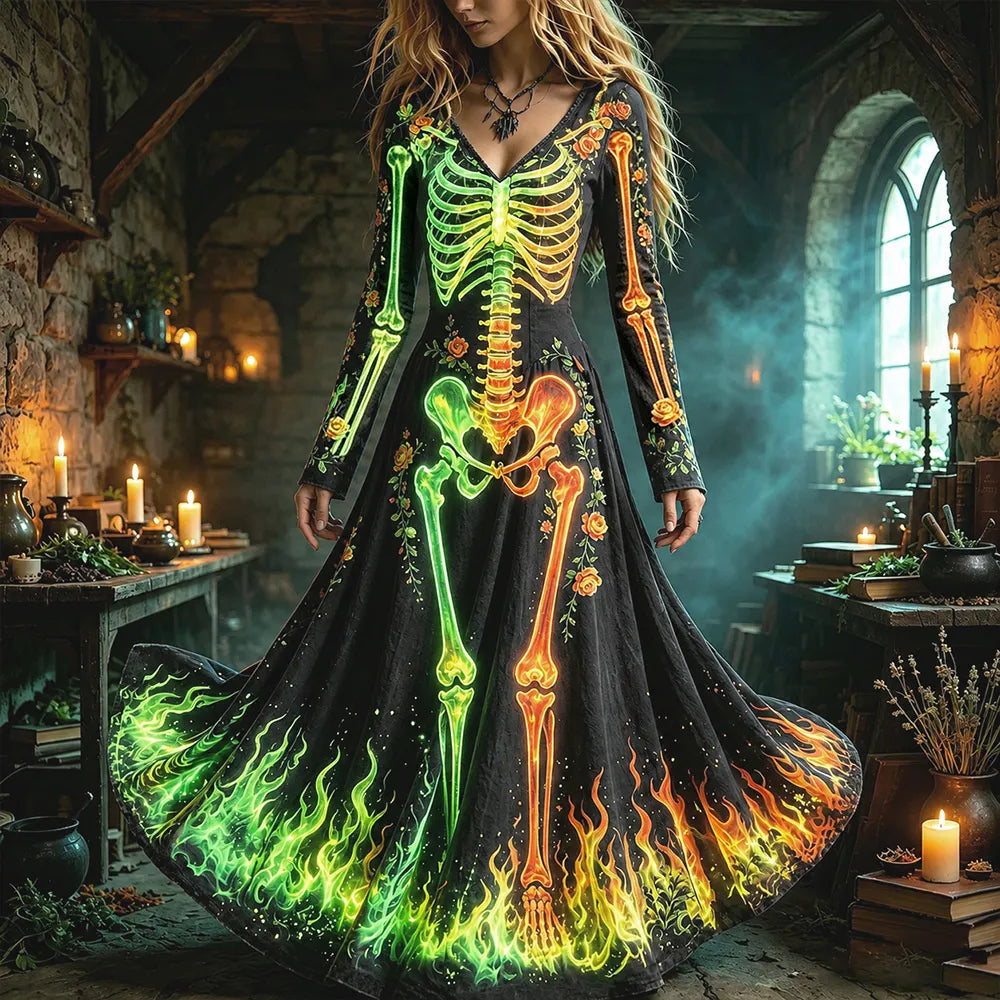 Cardydony Women's Halloween Human Anatomy And Flame Art Glowing Print Bodycon Dress