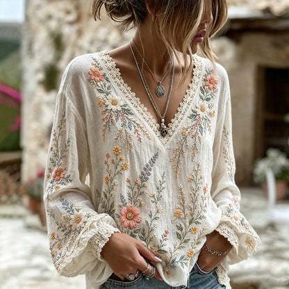 Cardydony Women's Retro Floral Art Flowy Long Sleeve Linen  V-neck T-shirt