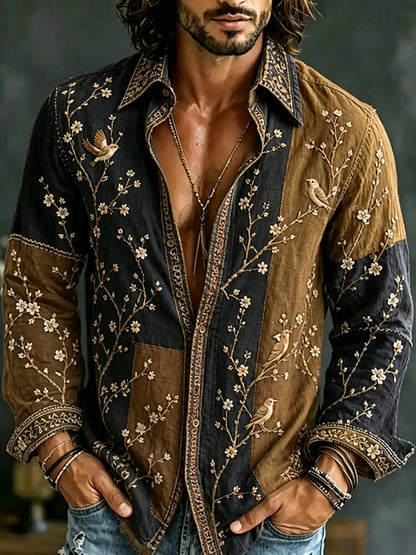 Cardydony Men's Retro Flowers And Birds Patchwork Art Casual Linen Shirt