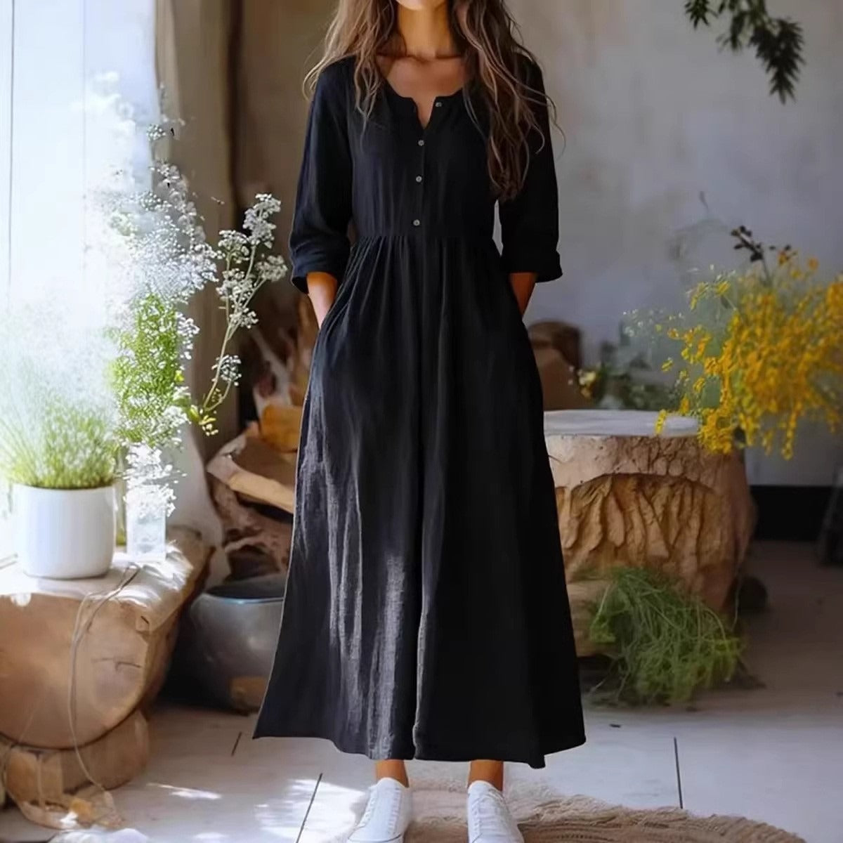 Cardydony Women's Solid Color Buttons Linen Blend Maxi Dress