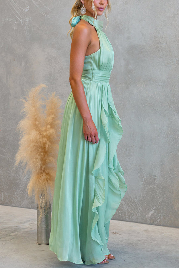 Cardydony Women's Coral Textured Metallic Chiffon Material High Tie Neck Ruffles Maxi Dress