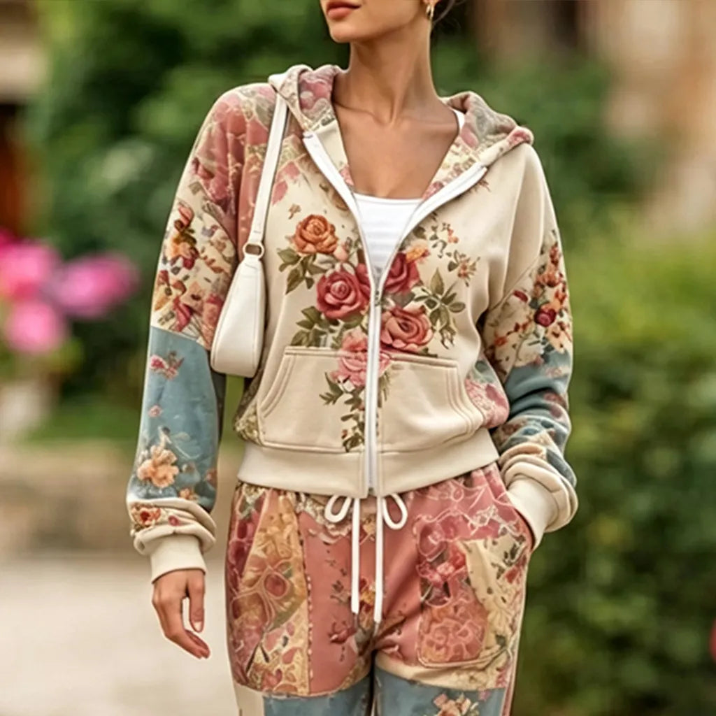 Cardydony Women's Retro Bohemian Floral Art Casual Sports Suit Two-piece Set