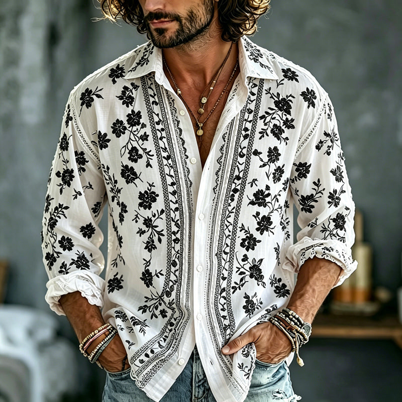 Cardydony Men's Summer Floral Embroidered Art Print Flowy Linen Blend Shirt