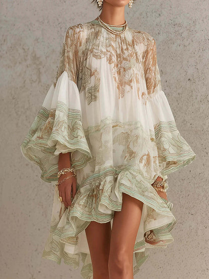 Cardydony Hermokrates Bell Sleeve Print Ruffle Mini Dress