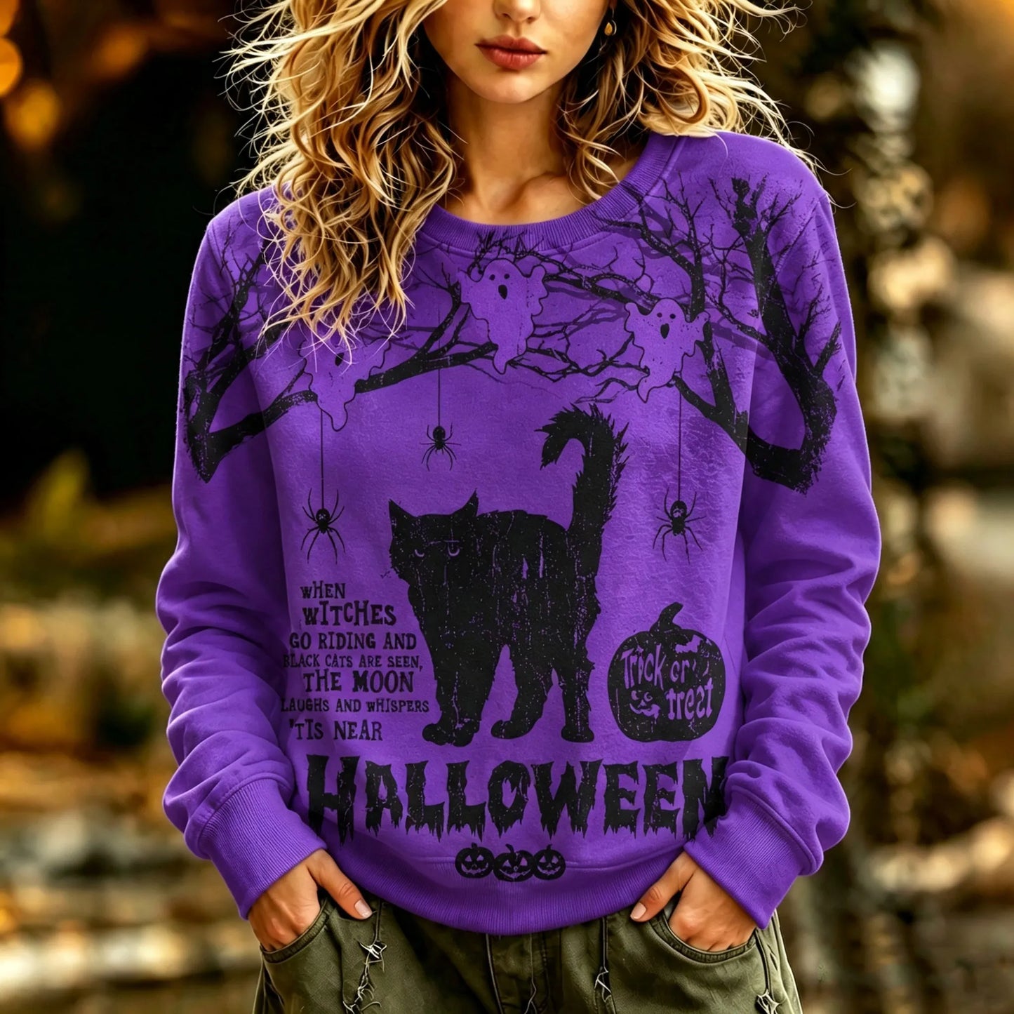 Cardydony Women's Retro Halloween Style Cat, Spider, And Ghost Printed Sweatshirt