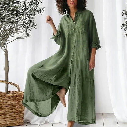 Cardydony Women Plain Cotton-blend Shawl Collar Long Sleeve Split Joint Casual Shirt Spring/fall Jumpsuit