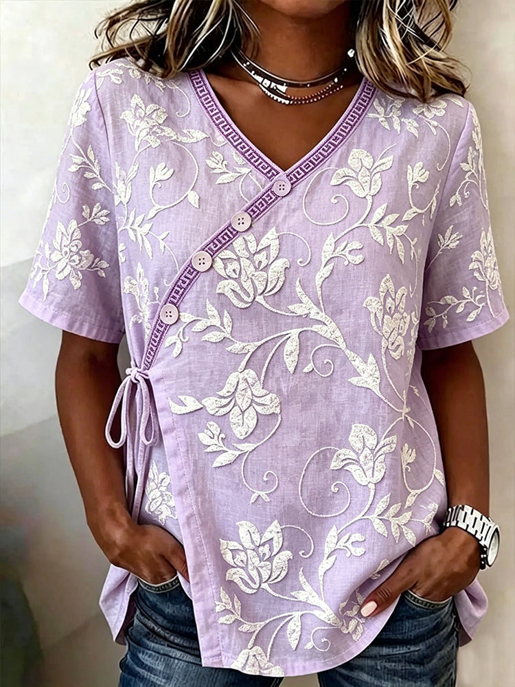 Cardydony Women's Casual Floral Art Wrap Tie Waist Blouse