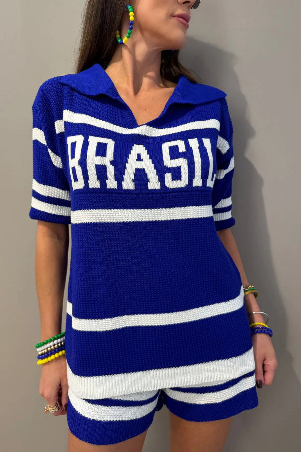 Cardydony Women's  World Cup-themed Jacquard V-neck Short-sleeved Loose-fitting Top and Casual Stretch Shorts Knit Set