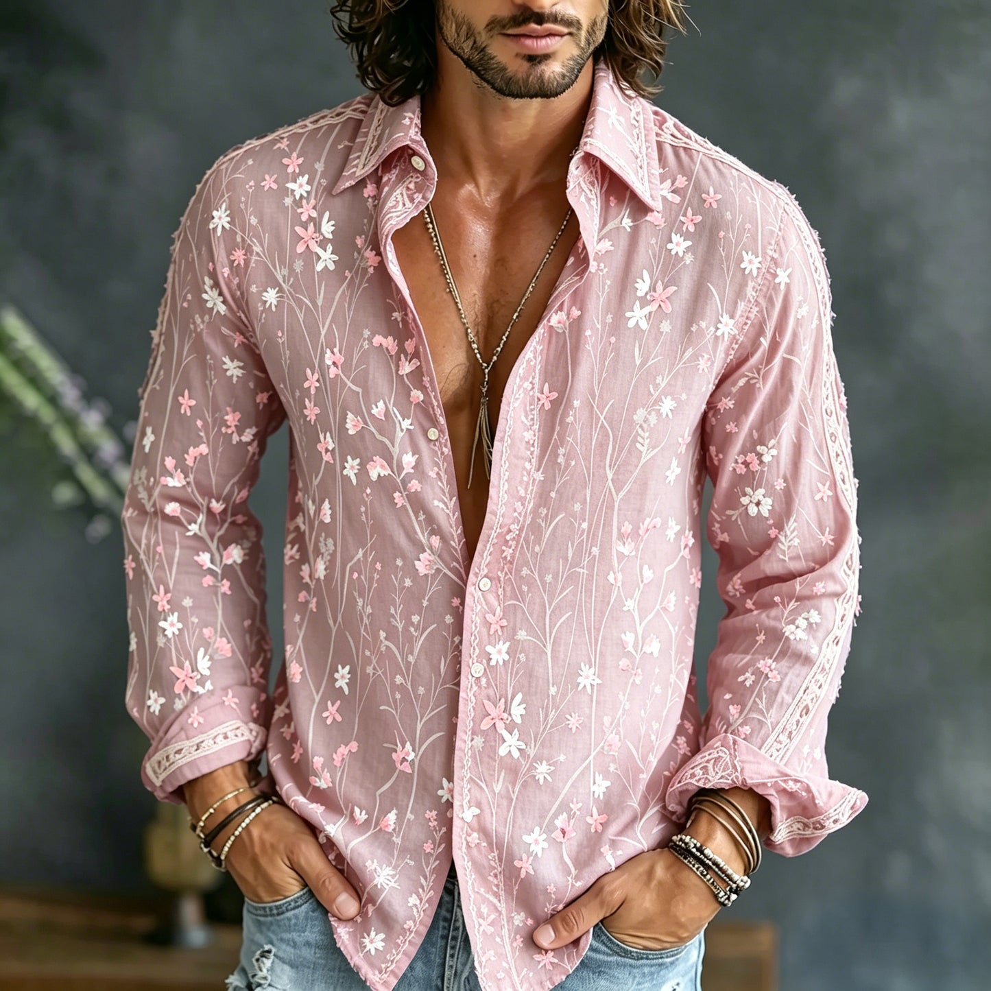 Cardydony Men's Retro Floral Embroidered Art Print Flowy Linen Blend Shirt