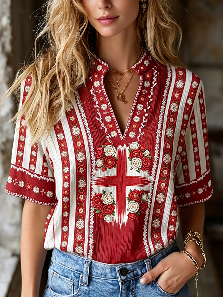 Cardydony Women's Retro Floral And Lace Embroidery Spliced Casual V-neck Top