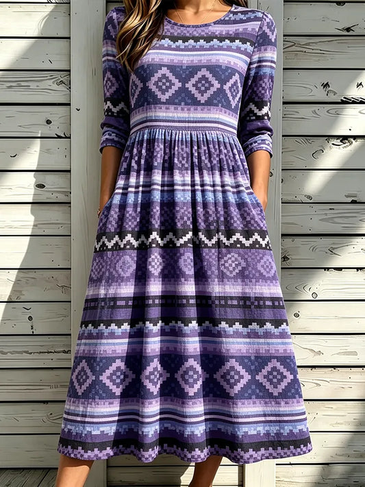 Cardydony Women's Geometric Boho Midi Dress - Purple Tribal Aztec Pattern, Diamond Geometrics And Chevron Print Casual Dress