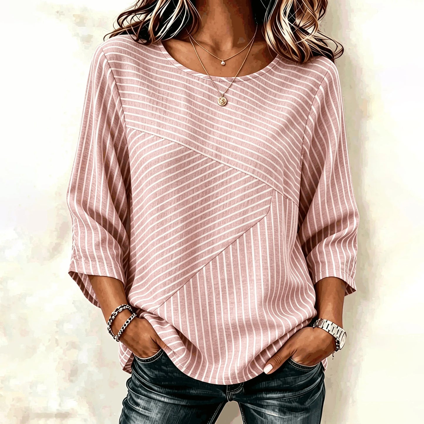 Cardydony Women's Retro Elegant Striped Art Pattern Casual Crew Neck T-shirt