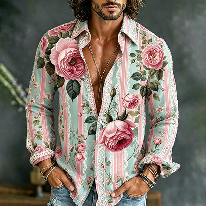 Cardydony Men's Floral Striped Lace Print Long-sleeved Shirt