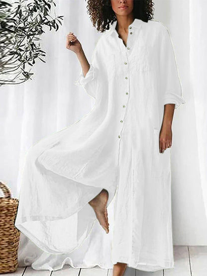 Cardydony Women Plain Cotton-blend Shawl Collar Long Sleeve Split Joint Casual Shirt Spring/fall Jumpsuit