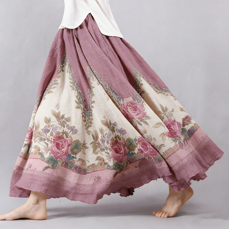 Cardydony Women's Vintage Bohemian Rose Floral Pattern Linen Skirt