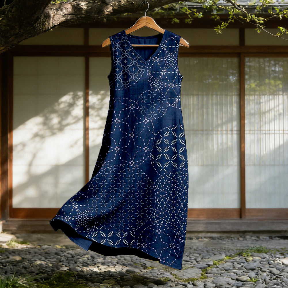 Cardydony Japanese Traditional Sashiko Art Flowy Linen Midi Dress