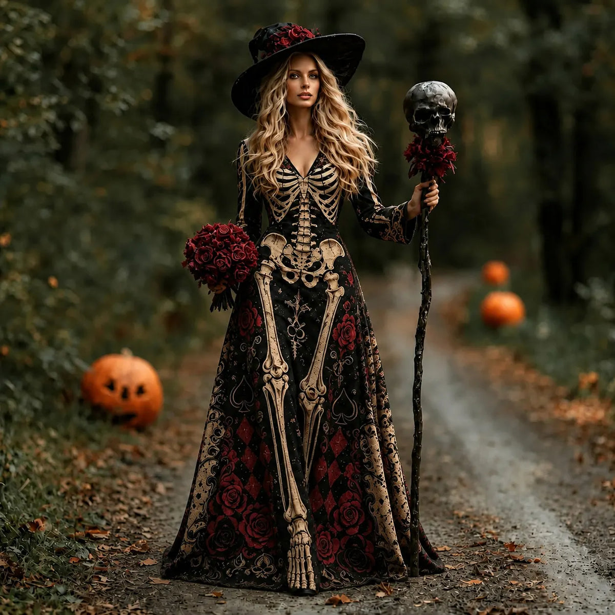 Cardydony Women's Retro Halloween Gothic With Floral Pattern Print V-neck Maxi Dress