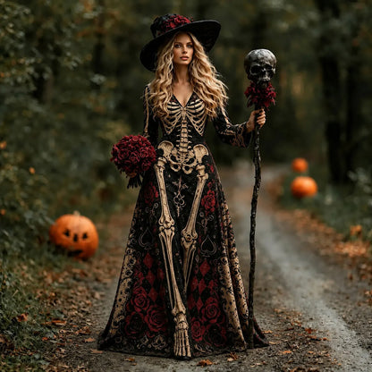 Cardydony Women's Retro Halloween Gothic With Floral Pattern Print V-neck Maxi Dress