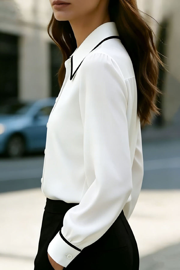 Cardydony Women's Stylish Color-blocked Collared Long-sleeved Casual Button-down Shirt