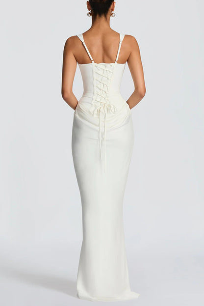 Cardydony Women's Larrah Square Neck Back Lace-up Satin Drape Hem Maxi Dress
