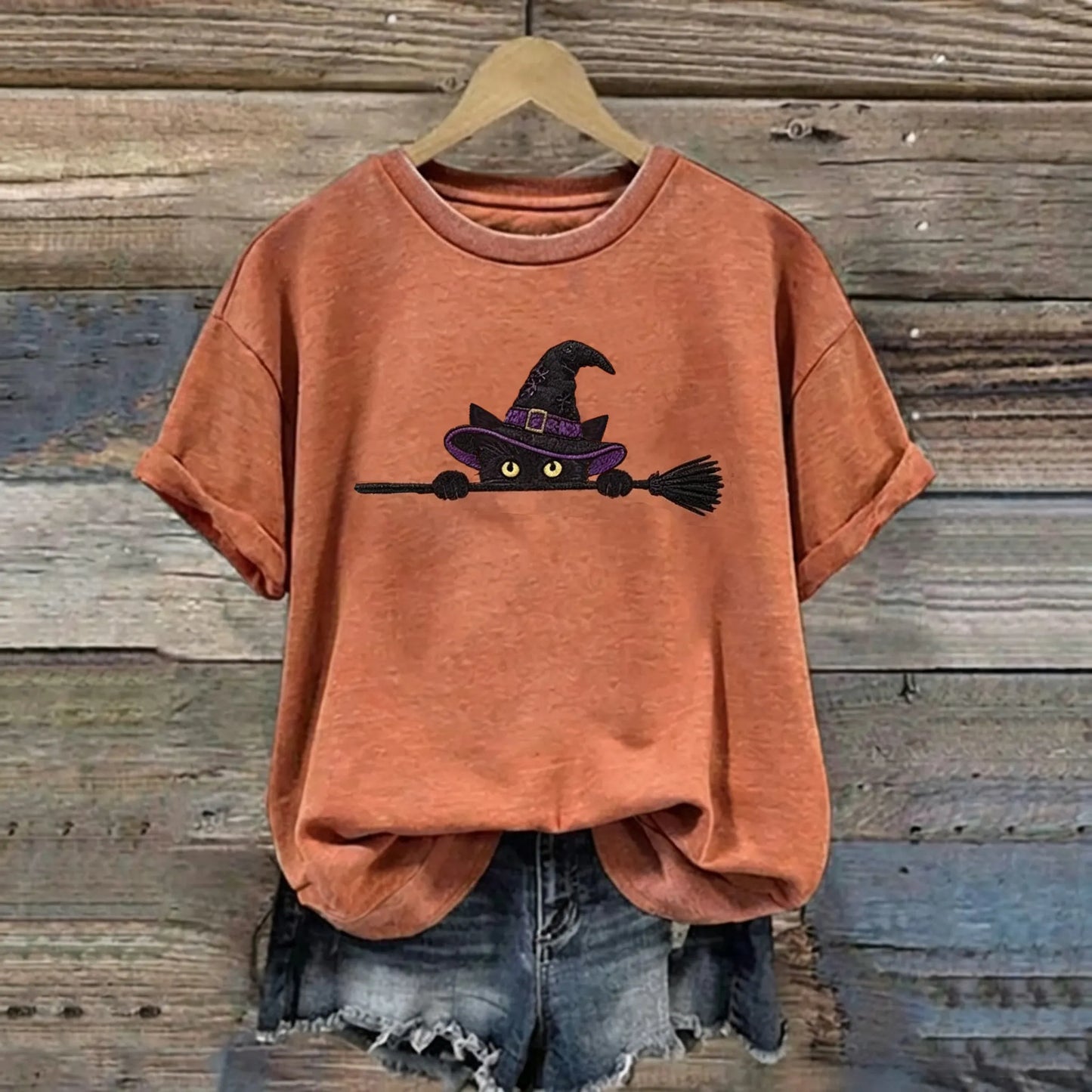 Cardydony Women's Funny Magic Wizard Black Cat Pattern Casual Halloween T-shirt