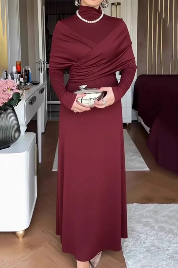 Cardydony Women's Solid Color High-neck Long-sleeved Crossover Waist Slim-fit Maxi Dress