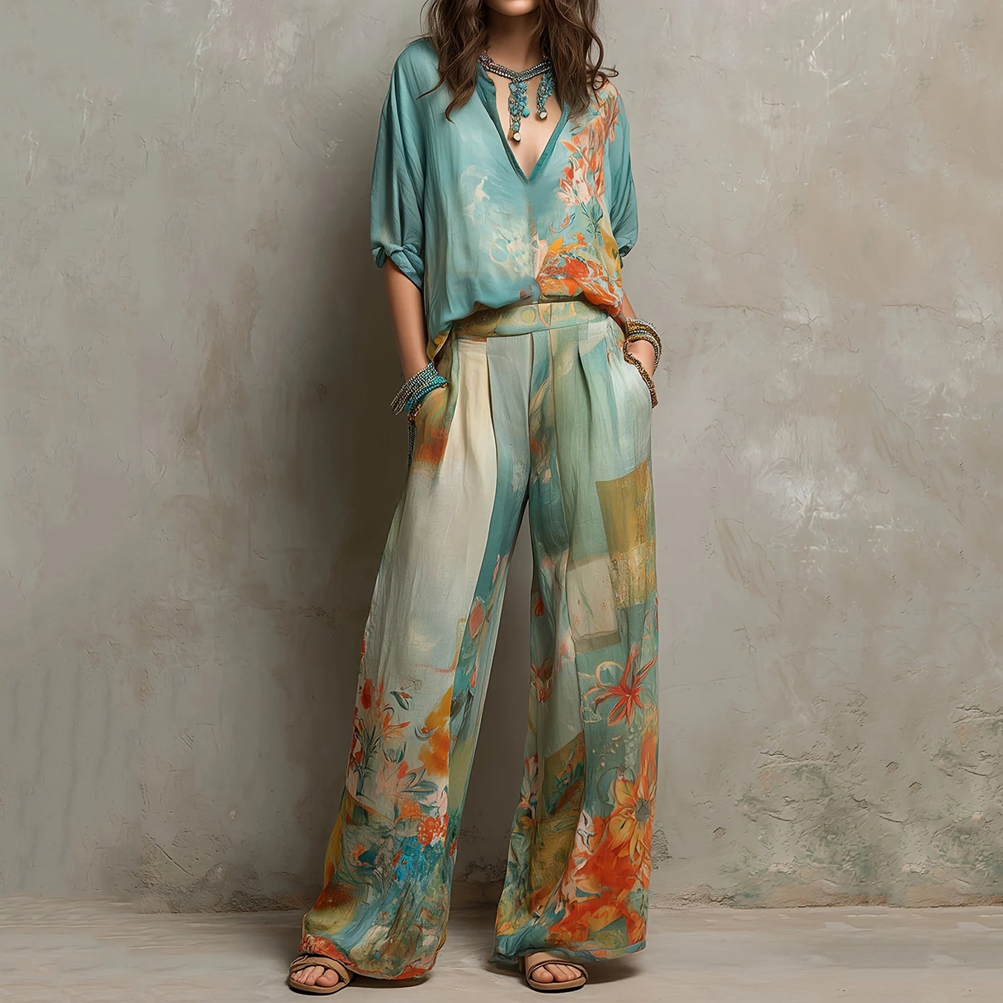 Cardydony Retro Floral Print Shirt Two Piece Set
