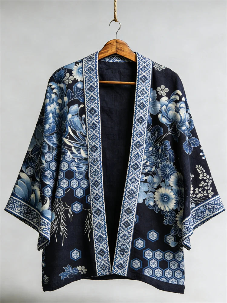 Cardydony Japanese Chrysanthemum Floral Art Linen Kimono