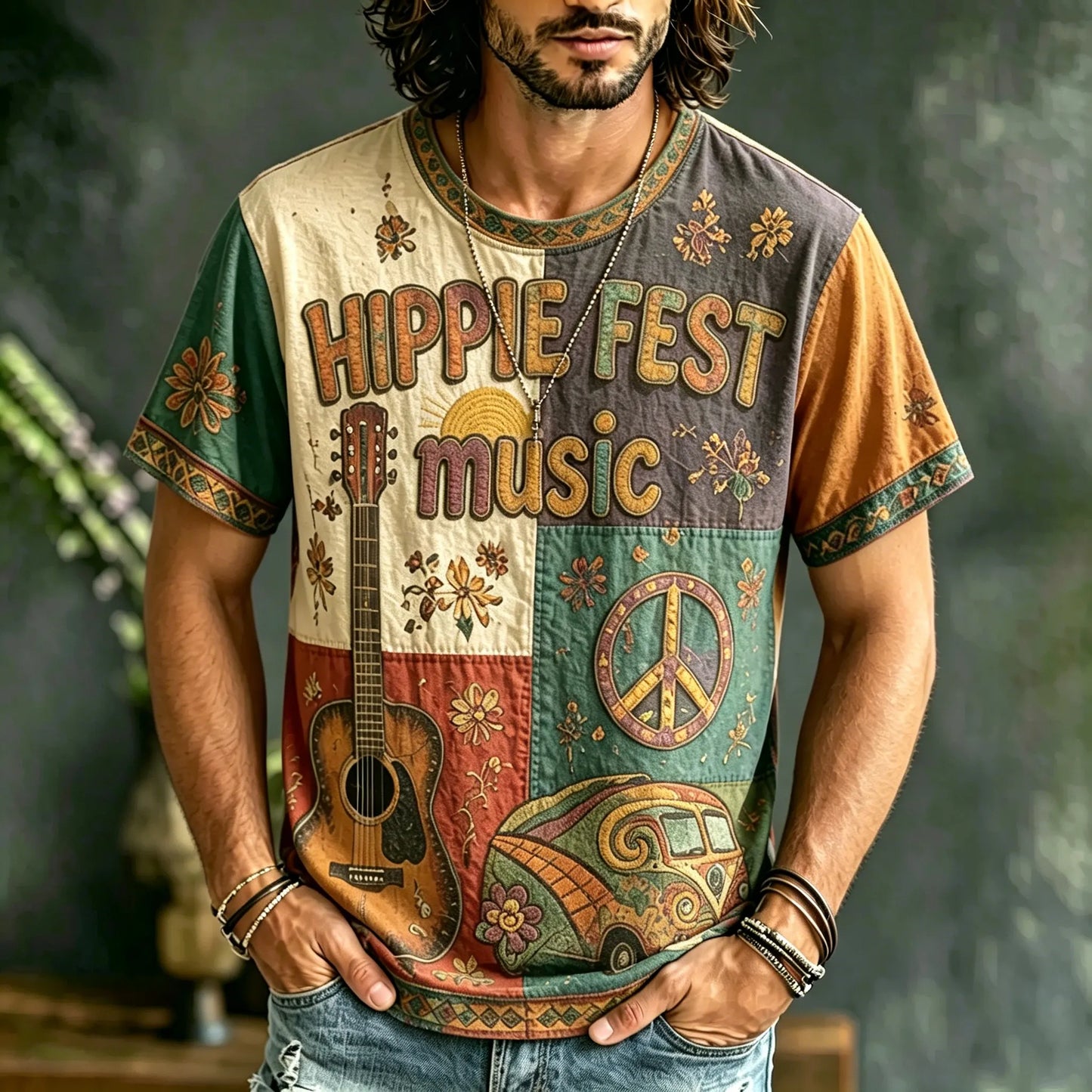 Cardydony Men's Casual Color Block Music Letter Retro Hippie Crew Neck T-shirt