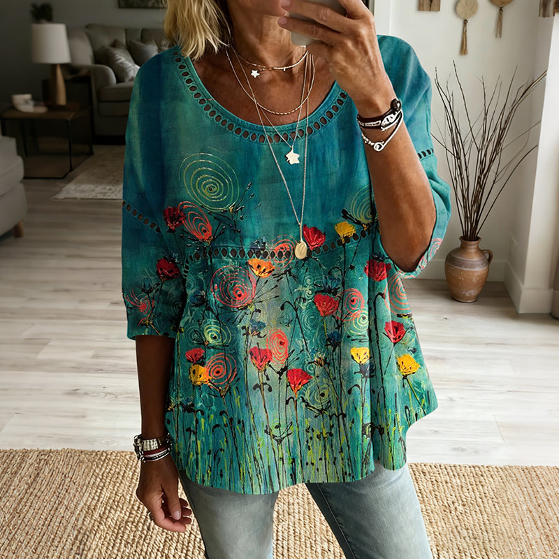 Cardydony Women's Vintage Floral Pattern Art Print Flowy Linen Blend Three-quarter Sleeve Round Neck Linen Tops