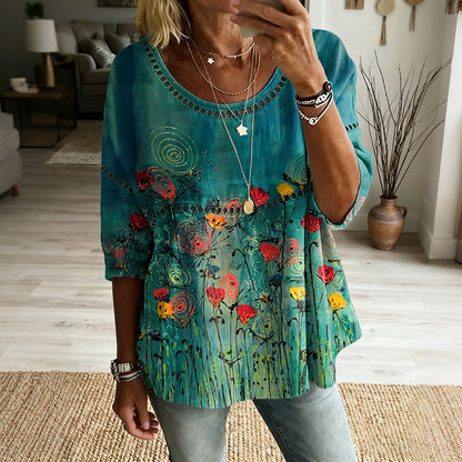 Cardydony Women's Vintage Floral Pattern Art Print Flowy Linen Blend Three-quarter Sleeve Round Neck Linen Tops