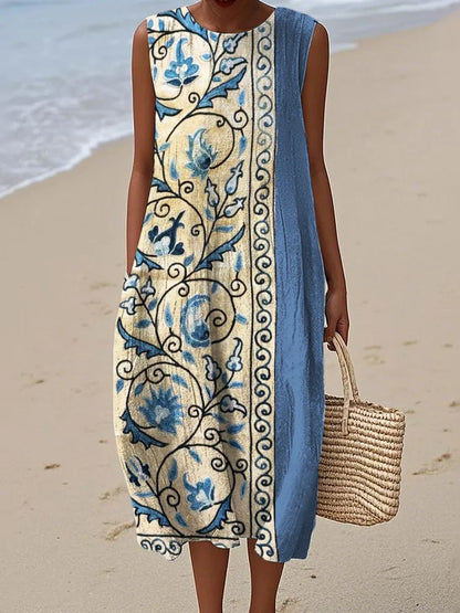 Cardydony Ethnic Floral Suzani Embroidered Contrast Linen Midi Dress