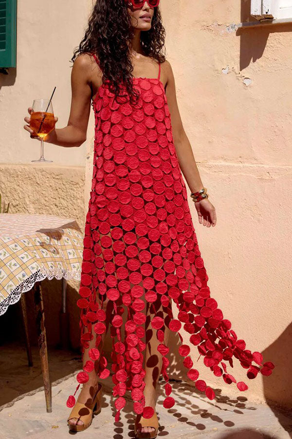 Cardydony Women's Juju Embroidered Cutout Polka Dots Square Neck Tassel Hem Slip Maxi Dress
