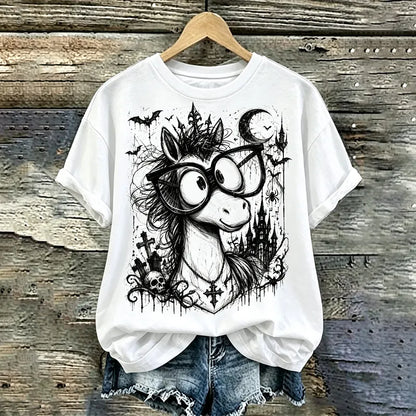 Cardydony Women's Halloween Glasses Pony Short-sleeve Top