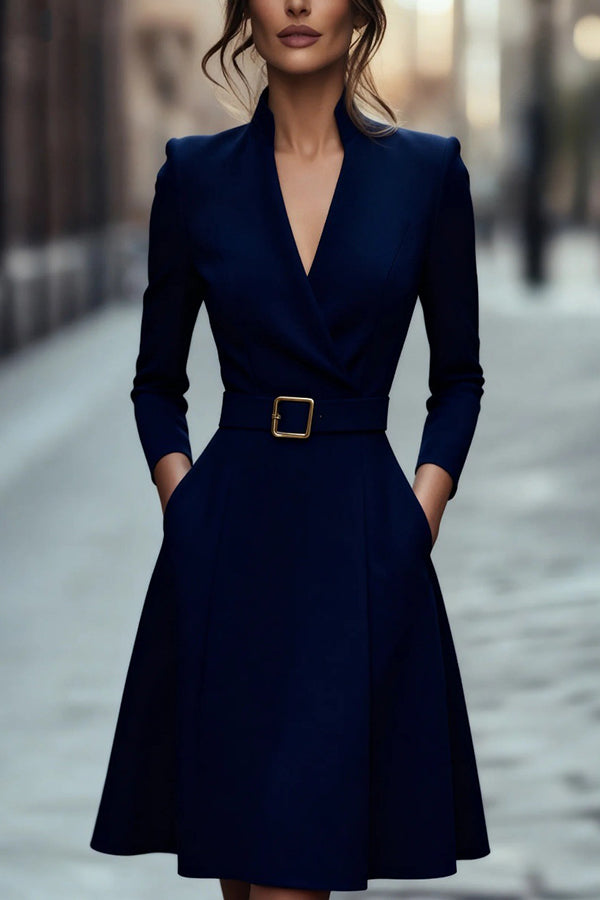 Cardydony Women's Solid Color V-neck Fitted Waist Long Sleeve Elegant Midi Dress