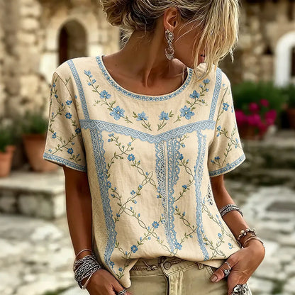 Cardydony Women's Retro Floral Patchwork Print Art Round Neck Linen Blend T-shirt