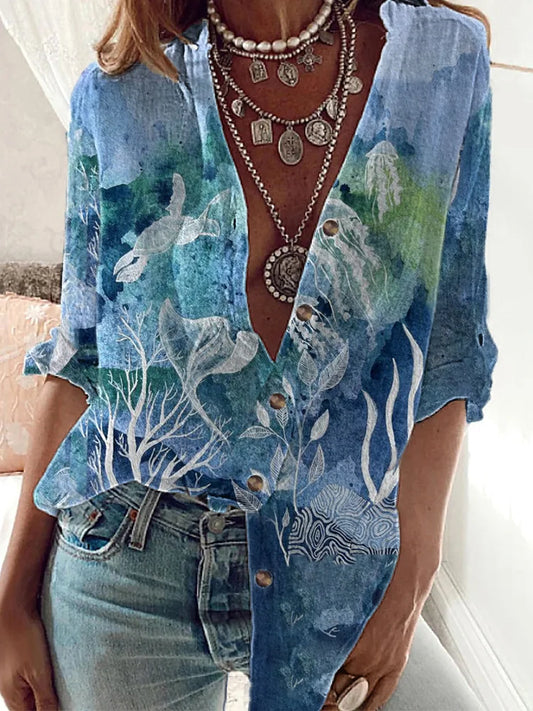 Cardydony Tie Dye Sea Turtle Art Cotton Linen Flowy Shirt